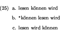 \eenumsentence{
\item[a.] lesen k\uml onnen wird
\item[b.] $^*$k\uml onnen lesen wird
\item[c.] lesen wird k\uml onnen
}