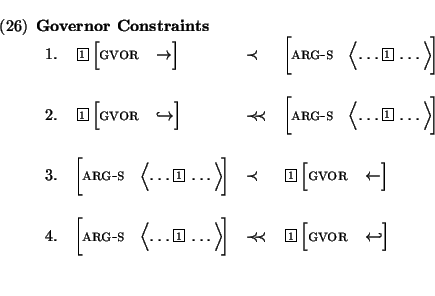 \enumsentence{
{\bf Governor Constraints} \\
\begin{tabular}{llll}
1. &
\begin{...
...h}gvor & $\hookleftarrow$\ \end{displaymath} \end{avm}\\ [0.7cm]
\end{tabular}}