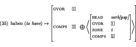 \enumsentence{
\begin{avm}\mbox{\rm haben ({\em to have})} $\mapsto$ \begin{disp...
...\
zone & i \\
comps & \@2 \end{displaymath} \> \end{displaymath} \end{avm}}