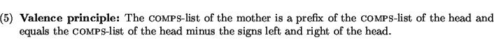 \enumsentence{
{\bf Valence principle:}
The {\sc comps}-list of the mother is a...
... the {\sc comps}-list of the
head minus the signs left and right of the head.
}