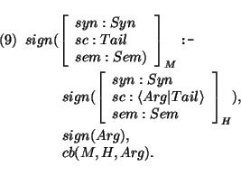 \pr\pred
\head{sign(\avm[M]{ syn: Syn \\
sc: Tail \\
sem: Sem)
} {\mbox{\tt ...
...\rangle\\
sem: Sem} ) , }
\body{sign(Arg) ,}
\body{cb(M, H, Arg).}
\epred\epr