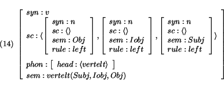 \pr\pred\head{\avm{
syn: v\\
sc: \langle \avm{ syn: n\\
sc: \langle \rangle...
... head: \langle vertelt \rangle
} \\
sem: vertelt(Subj,Iobj,Obj)
}}\epred\epr