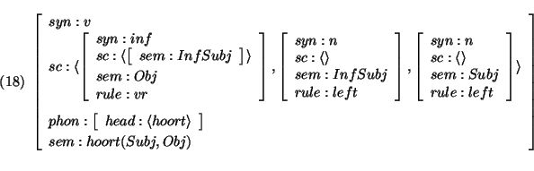 \pr\pred\head{\avm{
syn:v\\
sc: \langle \avm{ syn: inf\\
sc: \langle \avm{ ...
...phon: \avm{ head: \langle hoort\rangle } \\
sem: hoort(Subj,Obj)
}}\epred\epr