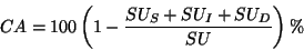 \begin{displaymath}
CA = 100 \left( 1 - \frac{SU_S + SU_I + SU_D}{SU} \right) \%
\end{displaymath}