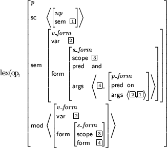 \begin{figure}
\begin{avm}
\mbox{\tt lex(op,}
\begin{displaymath}\avmspan{\it p}...
...4
\end{displaymath} \end{displaymath} \>
\end{displaymath}\end{avm}\end{figure}