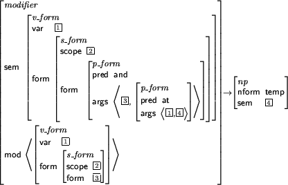 \begin{figure}
\begin{avm}
\begin{displaymath}\avmspan{\it modifier}\\
sem & \b...
...an{\it np}\\
nform & temp\\
sem & \@4
\end{displaymath}\end{avm}\end{figure}