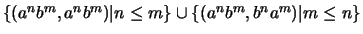 $\{(a^nb^m,a^nb^m) \vert n\leq m\} \cup \{(a^nb^m,b^na^m) \vert
m\leq n\}$