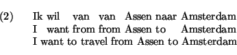 \exg.
Ik wil van van Assen naar Amsterdam\\
I want from from Assen to Amsterdam\\
I want to travel from Assen to Amsterdam
\par
