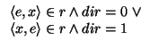 $\displaystyle \begin{array}{l}
\langle e,x \rangle \in r \wedge dir=0 ~\vee \\
\langle x,e \rangle \in r \wedge dir=1
\end{array}$