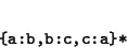 \begin{displaymath}
\begin{minipage}[t]{.9\textwidth}\begin{verbatim}{a:b,b:c,c:a}*\end{verbatim}\end{minipage}\end{displaymath}