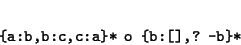 \begin{displaymath}\begin{minipage}[t]{.9\textwidth}\begin{verbatim}{a:b,b:c,c:a}* o {b:[],? -b}*\end{verbatim}\end{minipage}\end{displaymath}